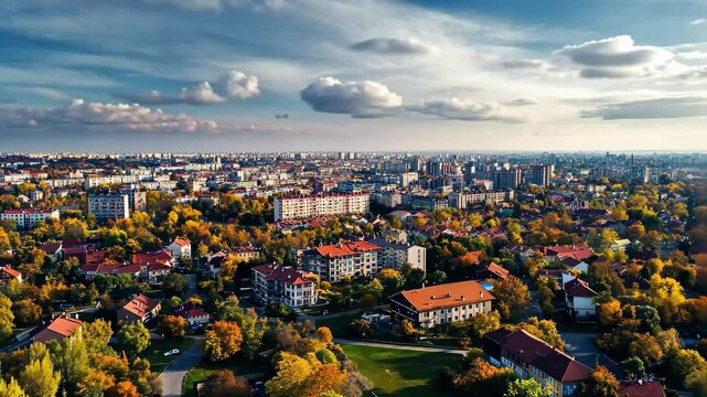 Expansive aerial view of Timisoara, Romania showcasing colorful autumn foliage and urban landscape, Aerial view of the city Timisoara in Romania on a sunny day in autumn