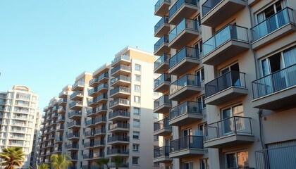 Modern apartment building facades, sunny cityscape, balconies, empty space, clean, glass