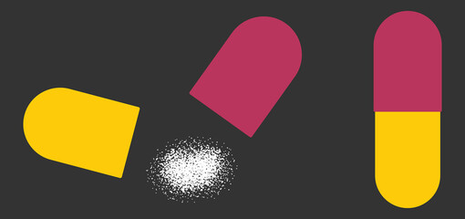Flat Design of Open and Closed Capsule Pill with Medicine Powder.