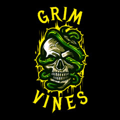 Fototapeta premium Grim Vines Skull Logo – Skeleton Head with Twisted Green Vines. A dark and edgy skull logo wrapped in twisting green vines with a glowing yellow background.