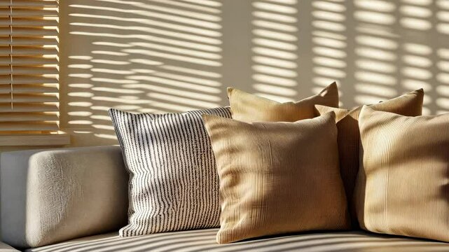 Cozy sofa adorned with textured pillows, casting beautiful shadows from blinds, creating warm and inviting interior decor filled with light and rich textures for ultimate relaxation.