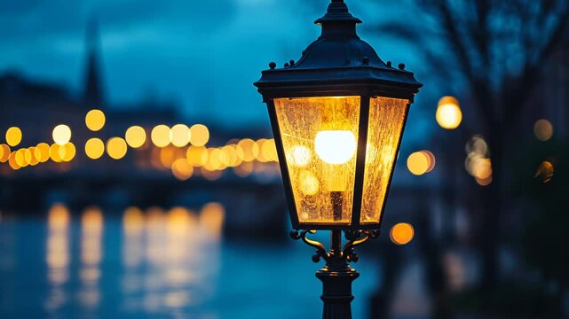 Illuminated lamppost at night, city lights, river reflection
