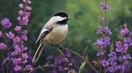 Obraz premium Black-capped chickadee perched amidst vibrant purple wildflowers.
