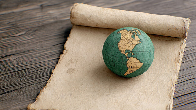 Vintage Globe on Old Scroll with Rustic Wooden Background Featuring North and South America
