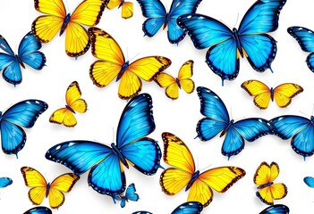 Seamless pattern featuring vibrant blue and yellow butterflies in flight, set against a white background, cheerful, graphic