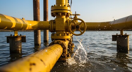 Yellow Pipelines and Valve Above Water Splashing