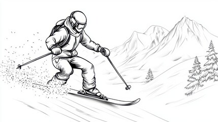 Skier in Motion on Snowy Mountain Trail