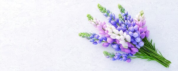 Fototapeta premium A beautiful bouquet of lavender and purple flowers arranged elegantly against a light background, showcasing their delicate colors and textures.