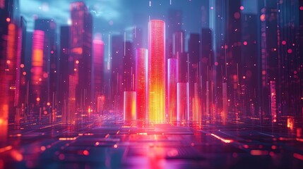 A 3D bar graph rising from a glowing digital platform, surrounded by vibrant data points