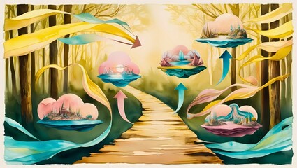Surreal fantasy landscape with a glowing forest path leading to floating islands, each hosting a unique magical world. Colorful ribbons and arrows guide the viewer through an imaginative journey.