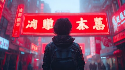 Person in a black jacket with a backpack stands in a rainy, neon-lit city street with red signs and atmospheric lighting
