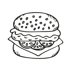 Hand Drawn Sketch Hamburger Isolated On White Background. Doodle Style Classical Hamburger. Fast Food Sketch for Menu, Restaurant, Posters, Banners, Flyer. Vector Illustration Line Art Сheeseburger.
