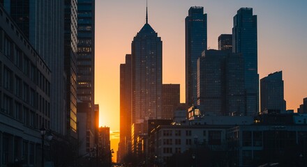 Cityscape at Sunset Tall Buildings with Bright Light