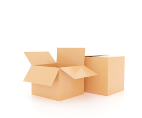 open cardboard box. two orange cardboard boxes on a white background, one open and one closed. Suitable for packaging design, delivery concepts, branding, shipping, storage, and e-commerce. 3d render.