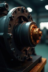 Industrial machinery component in high-contrast lighting, industrial, steel