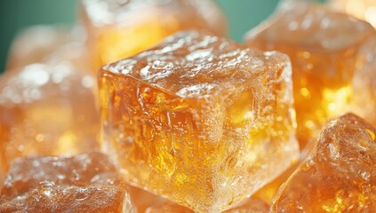 Close-Up of Shimmering Amber Ice Cubes with Intricate Details and Soft Light on a Beautifully Blurred Background, Perfect for Beverage and Culinary Use