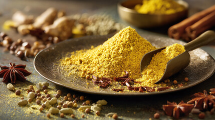 Curry powder scattered on plate in vibrant yellow tones