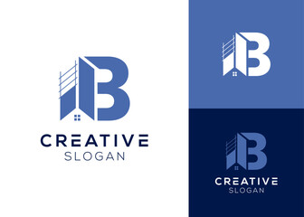Letter B with building or house logo design for real estate, construction or residence