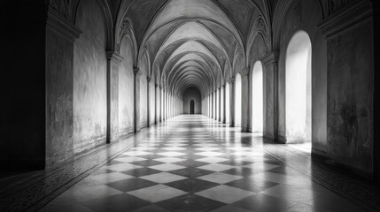 A long, empty corridor, lit in a single, continuous shade, its length stretching out into the unknown 