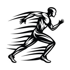 Muscular Man Silhouette Athlete Running, Training, Black on White, Action Pose, Sporty