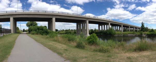 Obraz premium A panoramic view captures a bridge under construction, highlighting its impressive scale and complexity - Industrial Economy equipment Workers Business