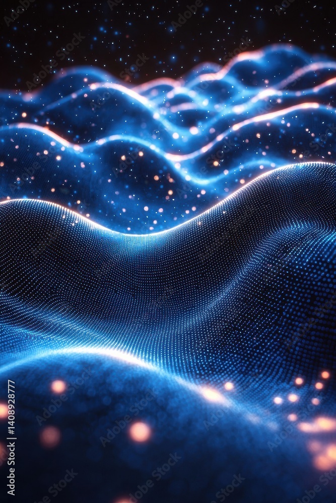 Poster abstract 3d representation of glowing blue waves with twinkling particle effects