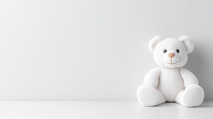 White teddy bear sits on plain white surface