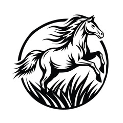 Fototapeta premium Stallion Rearing Inside a Circle, Monochrome Horse Design, Minimalist, Black and White