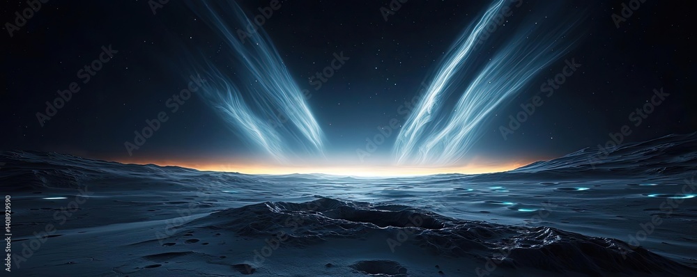 Poster landscape of alien planet beneath mystical skies and surreal moon concept. ethereal cosmic scene wit