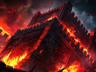Dramatic Fiery Castle Under Dark Stormy Sky with Flames and Billowing Smoke Effects