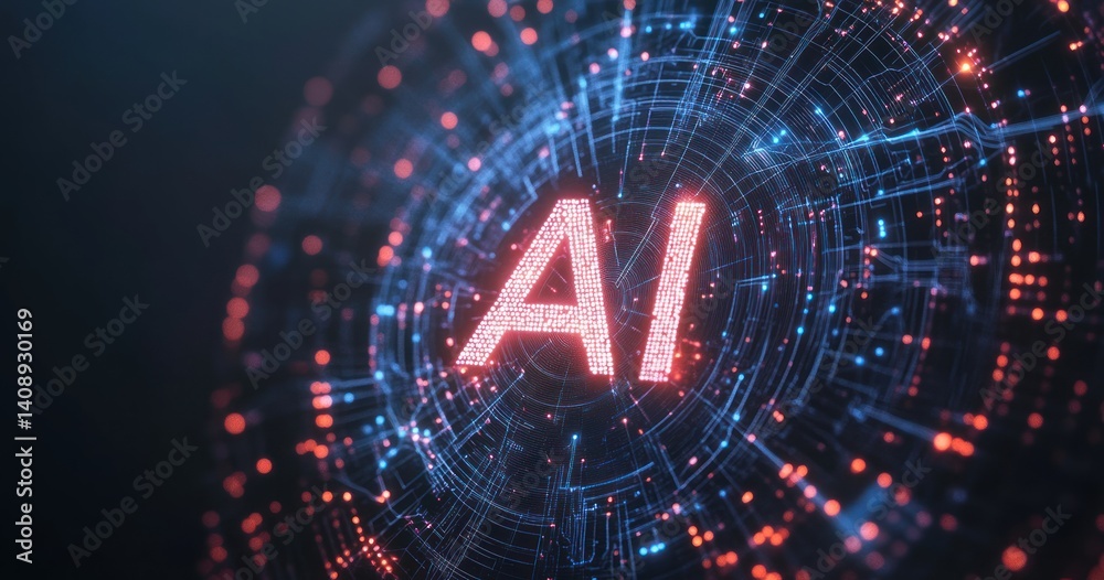 Poster a futuristic representation of artificial intelligence with glowing circuits and the letters ai prom