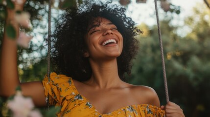 A joyful woman enjoying a sunny day on a swing surrounded by blooming flowers, radiating happiness and natural beauty.