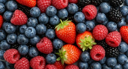 A vibrant mix of fresh berries, including strawberries, blueberries, raspberries, and blackberries, creating a delicious and colorful background.