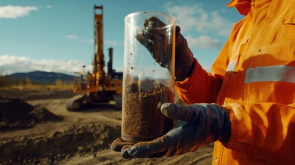 A geotechnical engineer analyzing soil samples at a drill site. Featuring scientific analysis and engineering