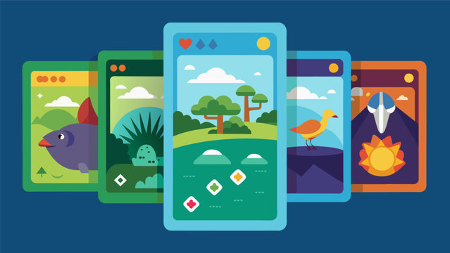 A virtual trading card game where players must collect and trade cards containing data about different species ecosystems and climate factors.. Vector illustration
