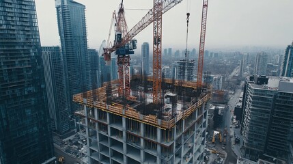A high angle view of a building under construction with multiple cranes and nearby skyscrapers on an overcast day