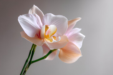 Obraz premium Single orchid flower with white and blush gradient petals centered in minimalist vertical studio frame on off white background with soft diffused lighting 