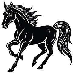 Running Horse Silhouette Powerful Stallion in Motion, Black and White Equine