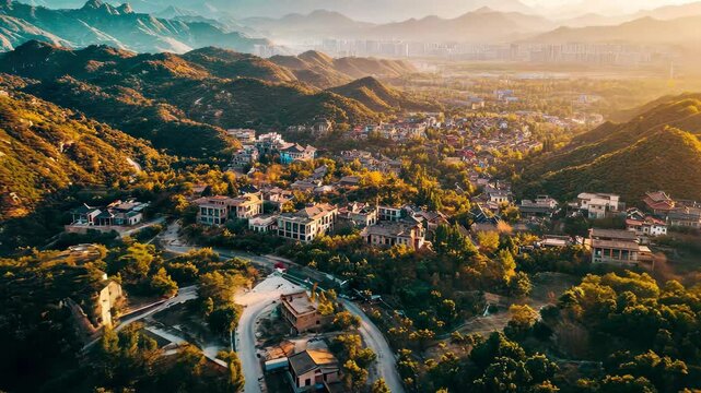 Aerial view capturing a mountain landscape alongside a serene valley at sunset, Aerial shot panning from right to left, the mountain view of Henan, China