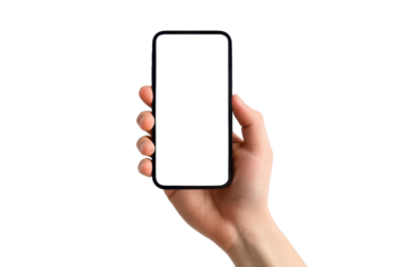 Hand holding cell phone mockup, clear screen for seamless design integration