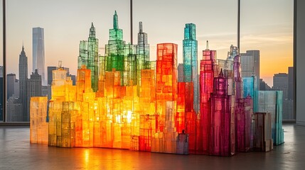Obraz premium A surreal cityscape made entirely from upcycled materials glowing under the sunrise