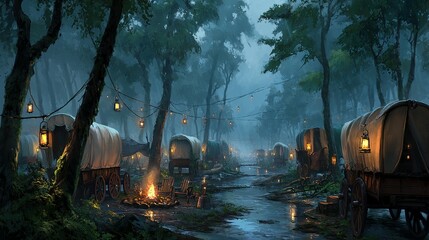 Misty forest encampment of covered wagons.