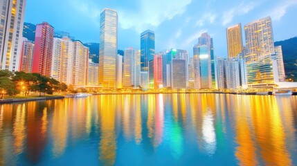 Fototapeta premium Vibrant city skyline reflecting on water at dawn