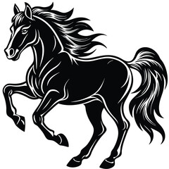 Animated Black Stallion, Elegant Rearing Horse,鬃毛Flowing, Dynamic Silhouette, on White