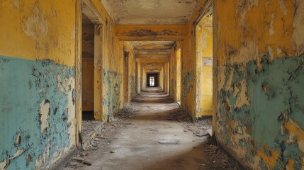 Obraz premium An abandoned long corridor, one solid color for the walls and floor, creating a minimalist atmosphere