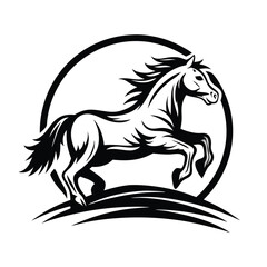 Black and White Horse in Prance Pose within Circle and Grass Design Element