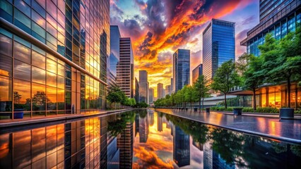 Naklejka premium Reflective Waters Mirror a Vibrant Sunset Over Modern Skyscrapers and Lush Greenery