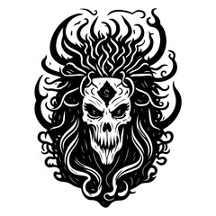 Skull with Hair-like Tendrils Black and White Art