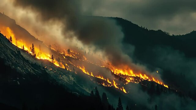 Forest fire engulfs mountainside, creating a dramatic timelapse of destruction and resilience, Time lapse of a forest fire burning a mountainside in California