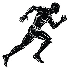 Monochrome Silhouette of Athlete Running with Motion Trails on White Background